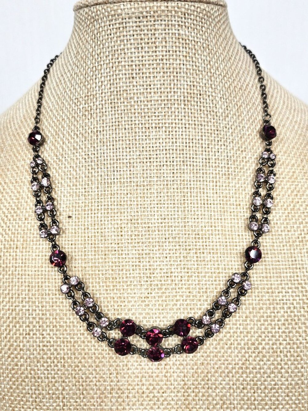 Statement Necklace | Pink Purple Rhinestone | Gunmetal Chain | 16.5"